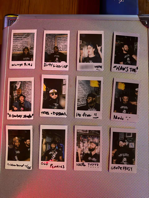Twelve instant photos of friends in Have You Met Haws? shirts, each labelled in marker, laid out in a grid on a silver case, one showing a friend in a captain's hat.