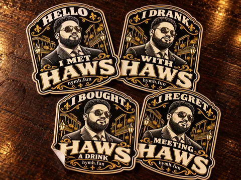 Mockup of four black and gold Haws stickers